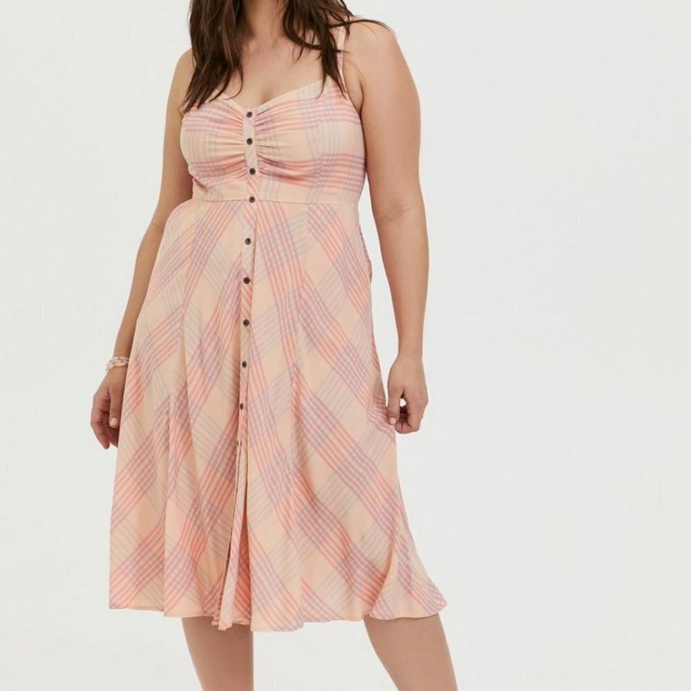 Torrid Midi Challis Button-Front Dress Pink Plaid Smock Summer Dress 3X Sundress